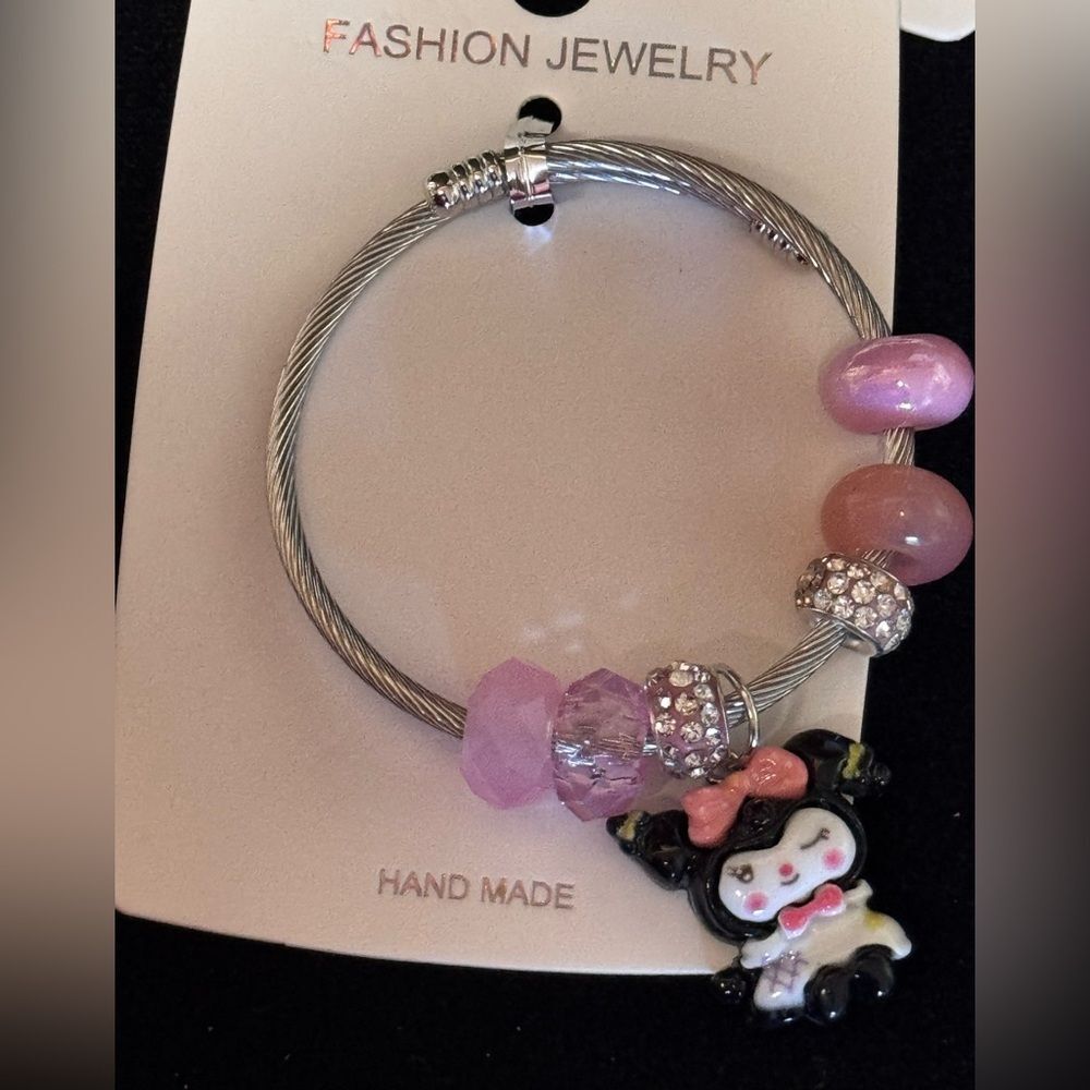 Stainless Steel Kuromi Pink and Silver Charm Adjustable Bracelet